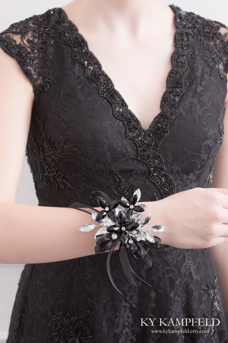 Madison Wrist Corsage in Jet Black & Silver Modern Flower Corsage Luxe Wedding and Prom Accessories, Perfect for Prom image 2