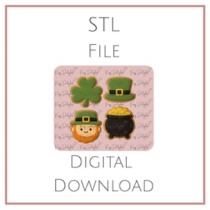 May include: A digital download graphic featuring St. Patrick's Day themed cookie designs. The image includes a green shamrock, a green leprechaun hat, a leprechaun face, and a pot of gold. The words "STL FILE" and "DIGITAL DOWNLOAD" are also displayed.