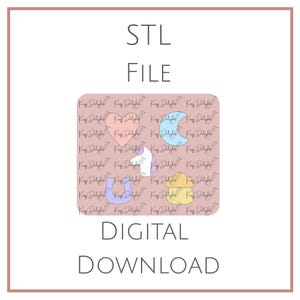 May include: An image with the text "STL FILE DIGITAL DOWNLOAD". The image features a pink background with a repeating pattern of a logo. There are several pastel-colored shapes, including a heart, moon, unicorn, horseshoe, and cloud.