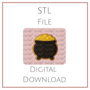 May include: A digital download graphic featuring a black pot filled with gold coins, a common symbol of St. Patrick's Day. The text "STL FILE" and "DIGITAL DOWNLOAD" are displayed in a clean, modern font.