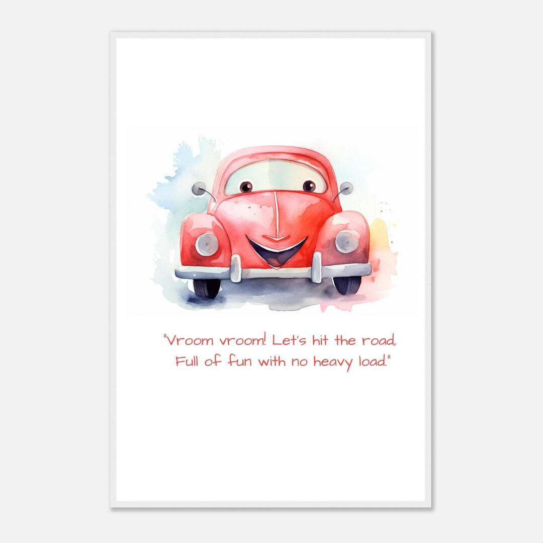 Vroom Vroom Red Car Framed Wooden Poster - Fun Wall Art for Kids' Room ...