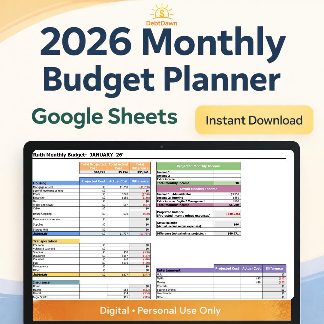 2026 Monthly Budget Spreadsheet | Google Sheets Budget Planner | Debt