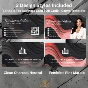 Puede incluir: Plantillas de tarjetas de visita con dos estilos de diseño. Una presenta una foto de una mujer, la otra un código QR. Ambas incluyen el nombre "Samantha Miller" e información de contacto. Las tarjetas inferiores muestran "Tax Preparation & Financial Services".