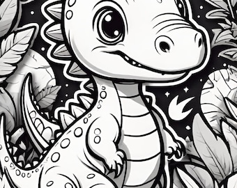 May include: Black and white illustration of a cartoon dinosaur with large eyes, surrounded by stylized foliage. The dinosaur has a friendly expression and is outlined with a thick black border. The background is dark with stars and a cloud.