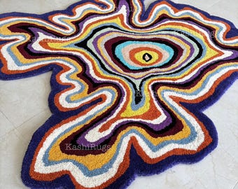Abstract Hand-Tufted Rug – Colorful Irregular Modern Area Rug | Psychedelic Groovy Carpet | Woolen Custom Art Rug for Living Room, Bedroom..
