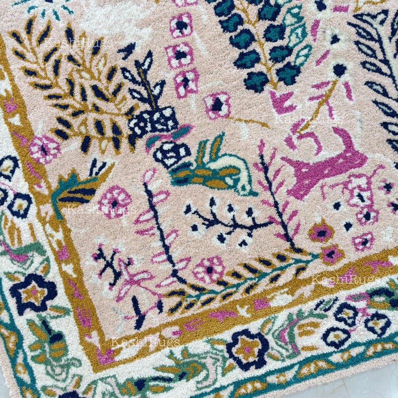 Hand Tufted Floral Wool Rug – Vintage Style Pink Botanical Area Carpet ...