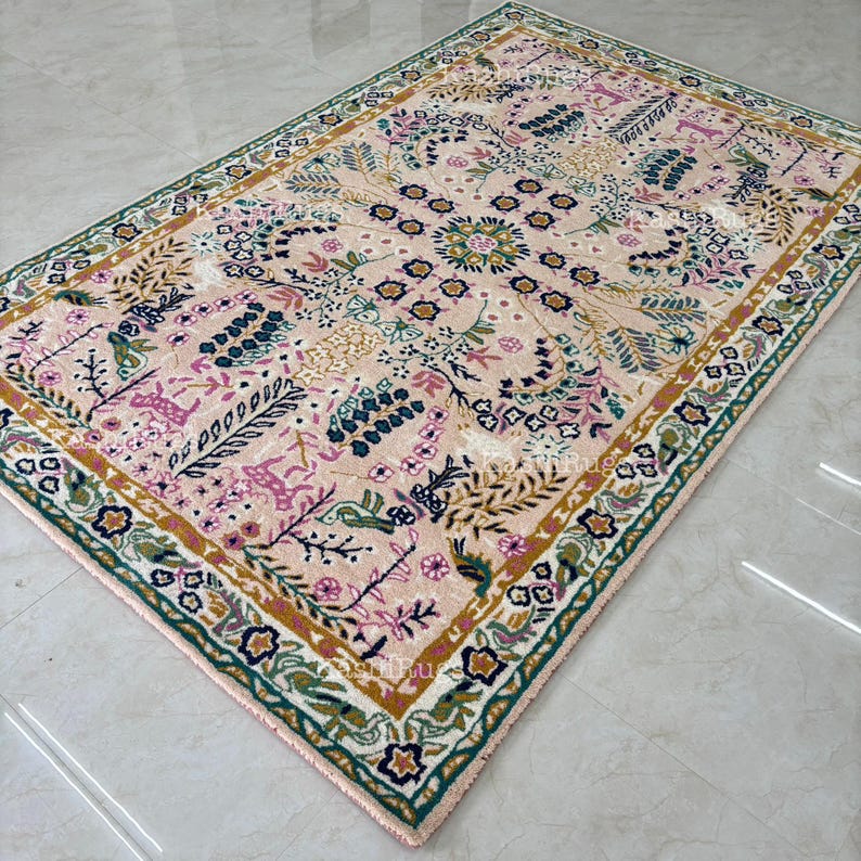 Hand Tufted Floral Wool Rug – Vintage Style Pink Botanical Area Carpet ...
