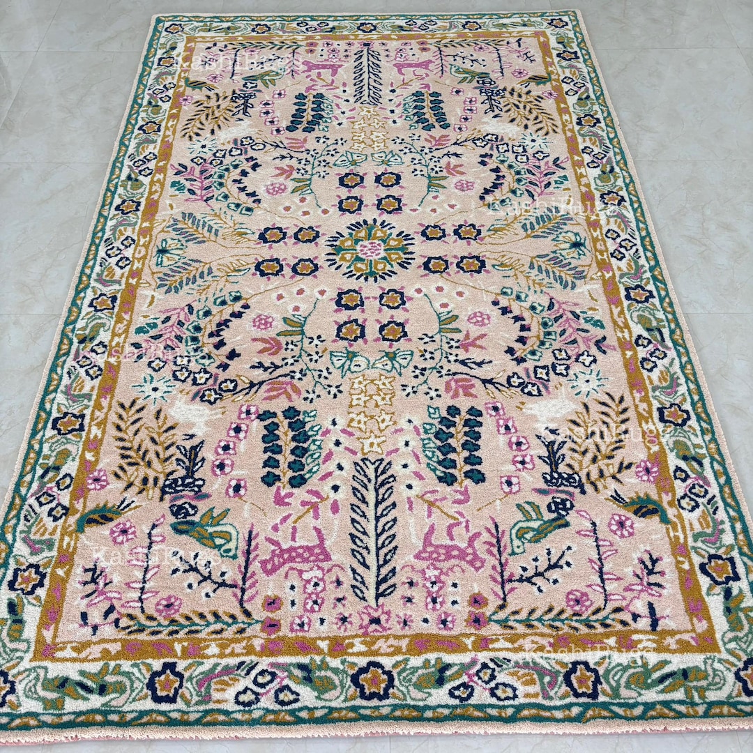 Hand Tufted Floral Wool Rug – Vintage Style Pink Botanical Area Carpet ...