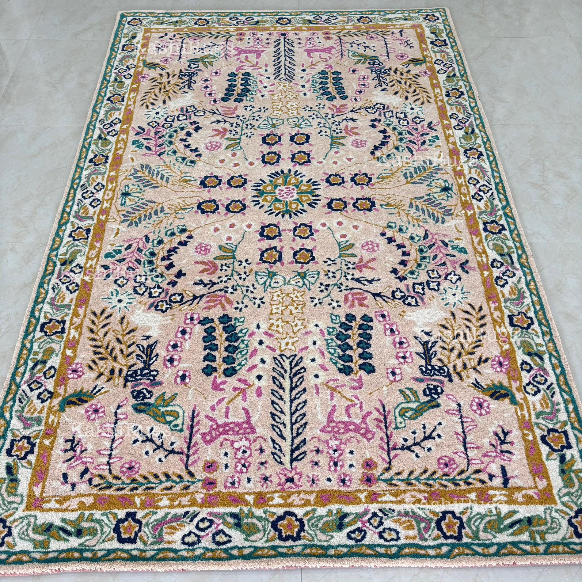 Hand Tufted Floral Wool Rug – Vintage Style Pink Botanical Area Carpet ...