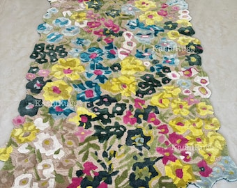 Hand Tufted Floral Rug | Colorful Wool Area Rug with Artistic Flower Design | Bohemian Statement Wool & Viscose Carpet (Quick Ship)