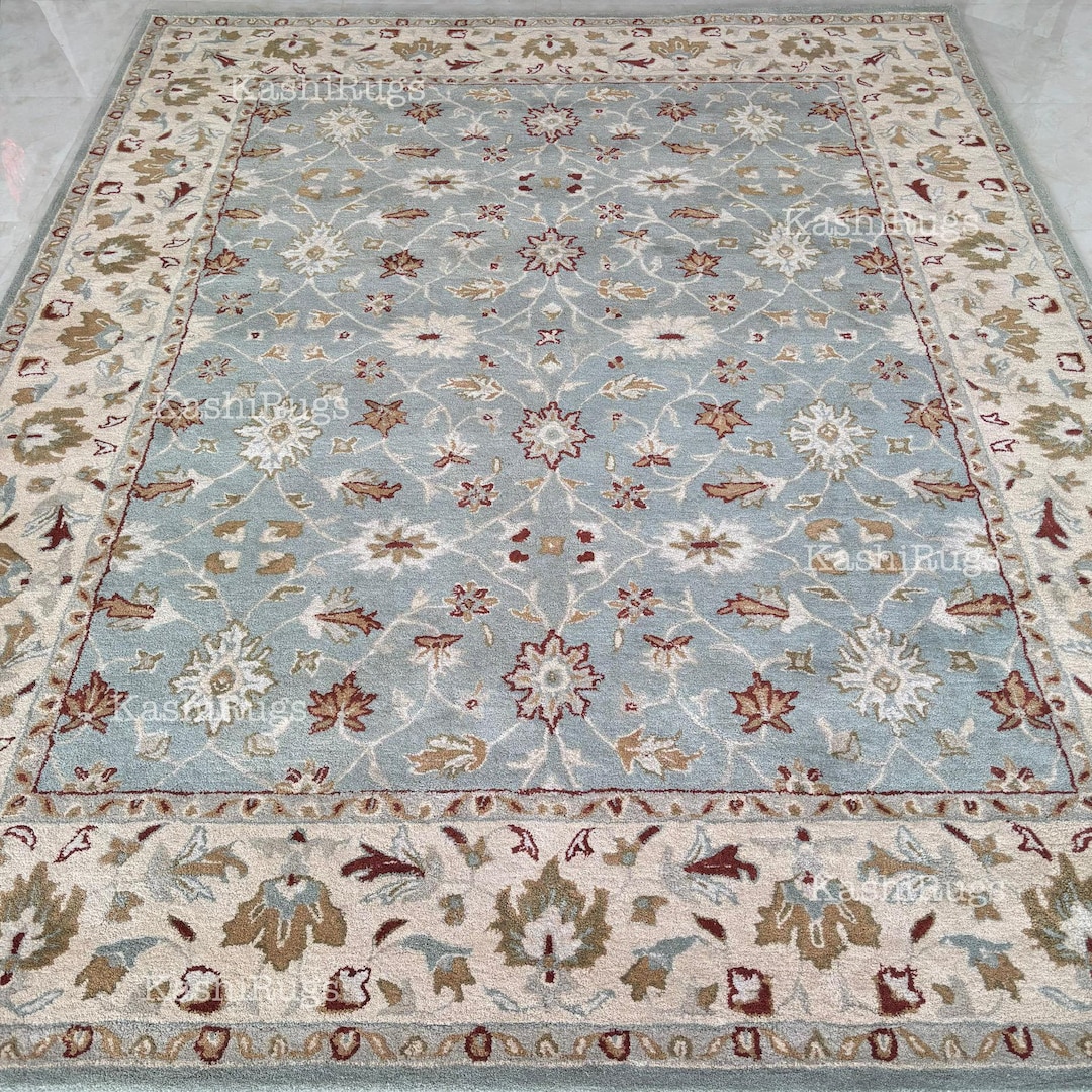 Traditional Floral Hand Tufted Wool Area Rug – Light Blue Oriental Area ...