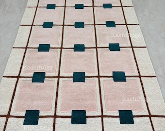 Hand Tufted Geometric Wool Rug – Modern Pink, Cream, Green Checkered Area Carpet – Contemporary Handmade Rug for Living Room, Bedroom, Kids