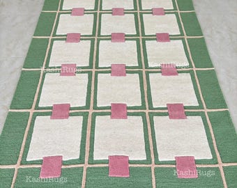 Hand Tufted Geometric Area Rug ,Modern Green, Pink & Cream Checkered Design Contemporary Wool Rug for Living Room, Bedroom , Home Decor