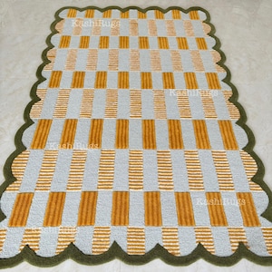 Scalloped Edge Hand Tufted Rug – Modern Striped & Plaid Carpet, Blue and Green Contemporary Area Rug for Living Room, Bedroom, or Office....
