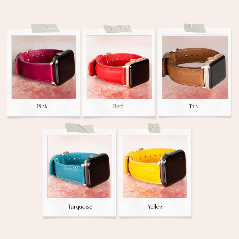 Peut inclure: Cinq bracelets de montre Apple en cuir, de couleurs rose, rouge, beige, turquoise et jaune. Chaque bracelet est pr&eacute;sent&eacute; sur un cadre blanc avec le nom de la couleur en dessous. Les &eacute;crans des montres sont noirs avec des cadres dor&eacute;s.