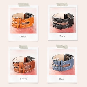 May include: Four leather Apple Watch bands in amber, black, brown, and blue. Each band has a double strap design with silver buckles and white stitching. The bands are displayed on a pink and white background.