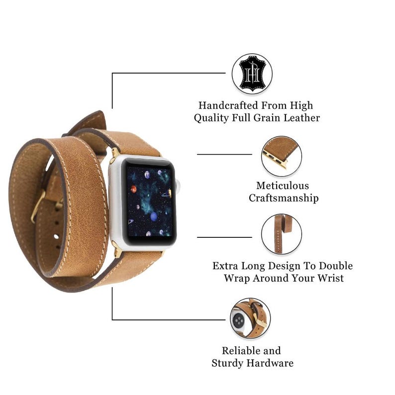 Correa de cuero de doble vuelta, correa de doble vuelta para Apple Watch, correa larga personalizada. iWatch, Galaxy, Fitbit, Pixel, 38, 40, 41, 42, 44, 45, 46, 49 mm imagen 6