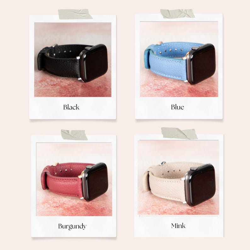 Peut inclure: Quatre bracelets de montre Apple Watch en noir, bleu, bordeaux et vison. Chaque bracelet est pr&eacute;sent&eacute; sur un cadre blanc de style polaroid avec le nom de la couleur en dessous. Les cadrans de la montre sont noirs.