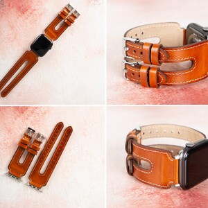 May include: A collection of brown leather Apple Watch bands with silver buckles. The bands feature a double-strap design with white stitching. The watch bands are shown in various arrangements, including attached to a watch and detached.