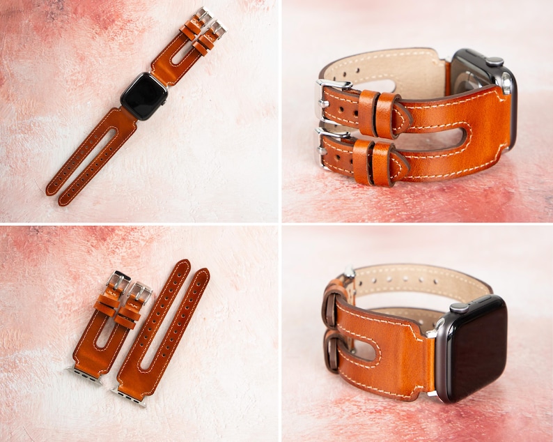 May include: A collection of brown leather Apple Watch bands with silver buckles. The bands feature a double-strap design with white stitching. The watch bands are shown in various arrangements, including attached to a watch and detached.