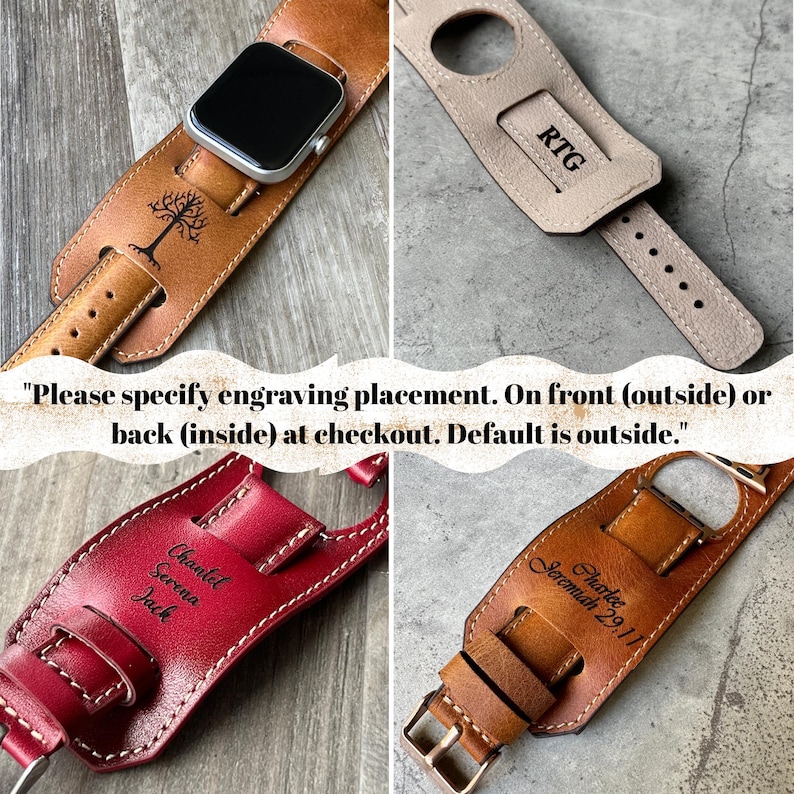 May include: A collection of leather Apple Watch bands in various colors, including tan, red, and brown. Each band features unique engraved designs and text, such as a tree, initials, and names. The text in the image reads: "Please specify engraving placement. On front (outside) or back (inside) at checkout. Default is outside."