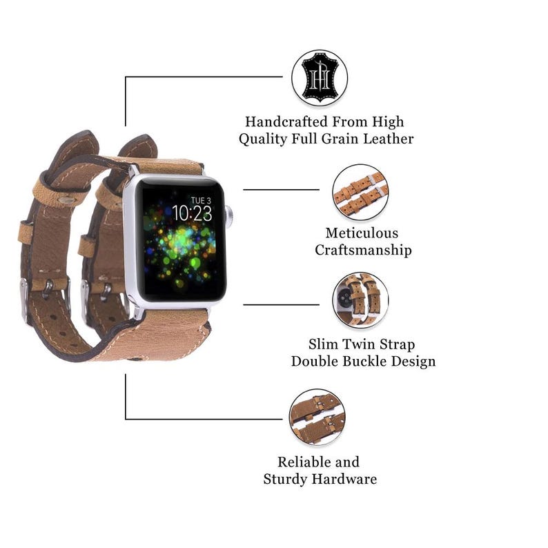 Split Cuff Leather Band, Double Strap Apple Watch Band, Twin band for iWatch, Cuff, Galaxy, Fitbit, Fossil, Pixel, 38 40 41 42 44 45 46 49mm image 8