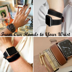 Puede incluir: Un collage de im&aacute;genes que muestran varias correas de Apple Watch. Las correas son de cuero negro y marr&oacute;n, con costuras blancas. Una imagen muestra el texto "From Our Hands to Your Wrist". Los relojes muestran la hora.