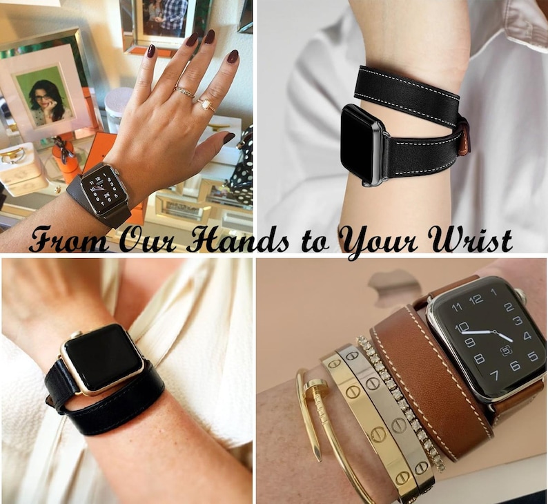 Puede incluir: Un collage de im&aacute;genes que muestran varias correas de Apple Watch. Las correas son de cuero negro y marr&oacute;n, con costuras blancas. Una imagen muestra el texto "From Our Hands to Your Wrist". Los relojes muestran la hora.