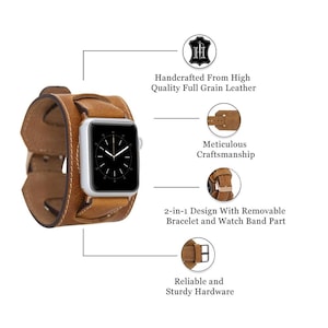 May include: A brown leather Apple Watch band with a woven design. The band features a silver watch face and is described as handcrafted from high-quality full-grain leather. The design includes a 2-in-1 design with a removable bracelet and watch band part.
