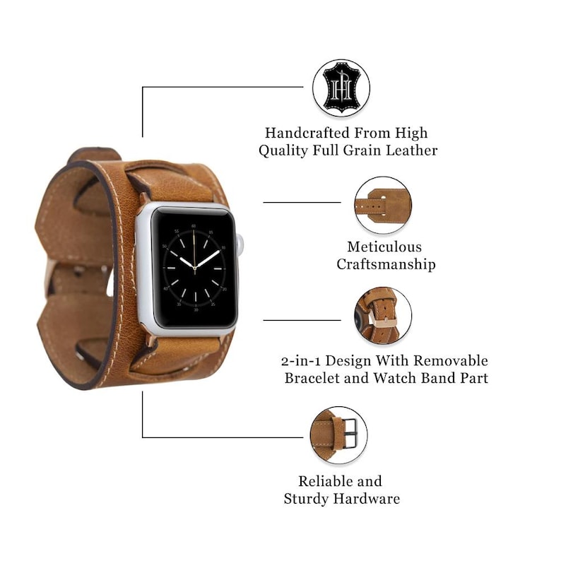 May include: A brown leather Apple Watch band with a woven design. The band features a silver watch face and is described as handcrafted from high-quality full-grain leather. The design includes a 2-in-1 design with a removable bracelet and watch band part.