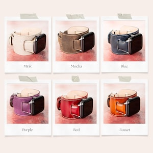 May include: A collection of leather Apple Watch bands in various colors, including mink, mocha, blue, purple, red, and russet. Each band is shown with a black Apple Watch attached, showcasing the different color options available.