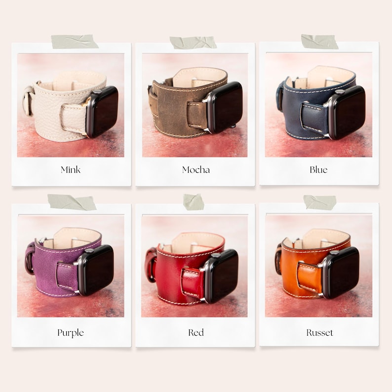 May include: A collection of leather Apple Watch bands in various colors, including mink, mocha, blue, purple, red, and russet. Each band is shown with a black Apple Watch attached, showcasing the different color options available.