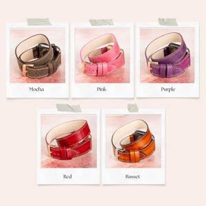 Puede incluir: Una colecci&oacute;n de correas de reloj de cuero en varios colores: moca, rosa, morado, rojo y &oacute;xido. Cada correa est&aacute; enrollada sobre s&iacute; misma y tiene un cierre de hebilla. Los nombres de los colores est&aacute;n escritos debajo.