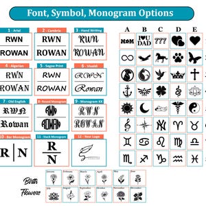 Peut inclure: Une image pr&eacute;sentant des options de polices, de symboles et de monogrammes. L'image affiche divers styles de polices, symboles et motifs de monogrammes, y compris des initiales, des signes du zodiaque et des fleurs de naissance. Le texte "Font, Symbol, Monogram Options" est en haut.