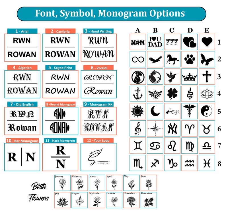 Peut inclure: Une image pr&eacute;sentant des options de polices, de symboles et de monogrammes. L'image affiche divers styles de polices, symboles et motifs de monogrammes, y compris des initiales, des signes du zodiaque et des fleurs de naissance. Le texte "Font, Symbol, Monogram Options" est en haut.