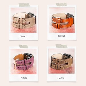 May include: Four leather watch bands in camel, russet, purple, and mocha. Each band has a double-strap design with a buckle closure. The watch bands are displayed on a pink and white background, each in a polaroid-style frame.