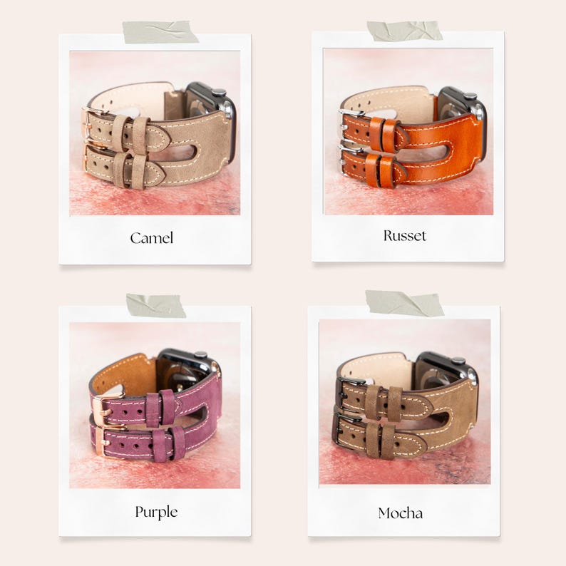 May include: Four leather watch bands in camel, russet, purple, and mocha. Each band has a double-strap design with a buckle closure. The watch bands are displayed on a pink and white background, each in a polaroid-style frame.