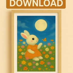 Cute Bunny Under Full Moon – Kawaii Rabbit in Flower Garden | Nursery Wall Art, Pastel Animal Print, Mid Autumn Festival Decor