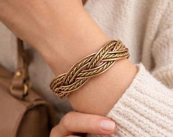 Handmade Copper Braided Bangle, Mixed Metal Braided Cuff Bracelet, Adjustable Fashion Jewelry
