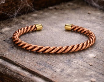 Twisted Copper Cuff Bracelet – Unisex Rustic Adjustable Jewelry, Gold-Tone Tips
