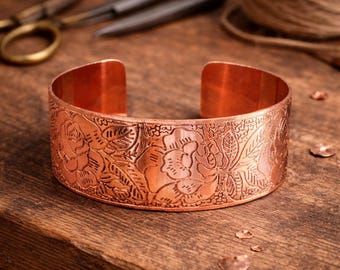 Copper Bracelet for Women Engraved Floral Cuff Adjustable Kara Handmade Jewelry Gift for Her