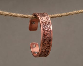 Handmade Copper Cuff Bracelet, Intricate Rustic Design, Adjustable Bangle, Minimalist Boho Jewelry