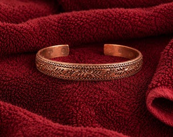 Handmade Floral Copper Bracelet for Women, Rustic Engraved Copper Cuff Jewelry