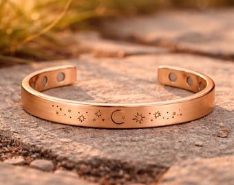 Celestial Copper Cuff Bracelet, Rose Gold Engraved Moon Sun Stars | Hand Finished Artisan Jewelry