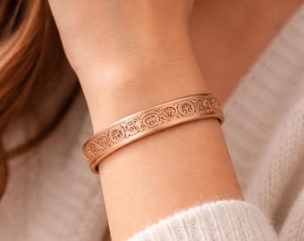 Engraved Floral Copper Cuff Bracelet | Vintage Style Adjustable Bangle