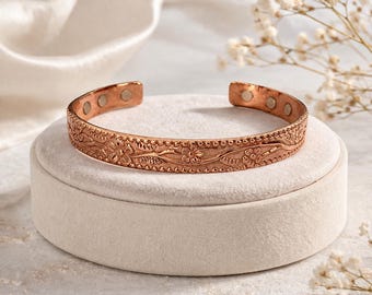 Engraved Floral Copper Cuff Bracelet | Vintage Style Bangle for Women