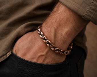 Handmade Braided Copper Cuff Bracelet, Rustic Adjustable Cuff for Men
