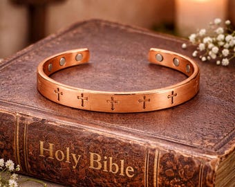 Engraved Copper Cross Cuff Bracelet | Hand Finished Copper Cross Bangle, Unisex Open Cuff Bracelet, Spiritual Jewelry
