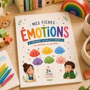 Peut inclure: Un livre pour enfants intitulé "MES FICHES ÉMOTIONS" avec des illustrations d'émotions. La couverture présente le titre en grandes lettres multicolores, avec des images de nuages de dessins animés représentant différents sentiments. Un cahier et des crayons sont au premier plan.