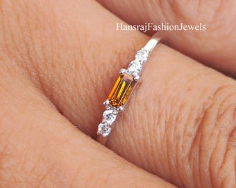 Yellow Citrine Baguette Stacking Ring, Minimalist November Birthstone Ring In Silver, Gift For Mom